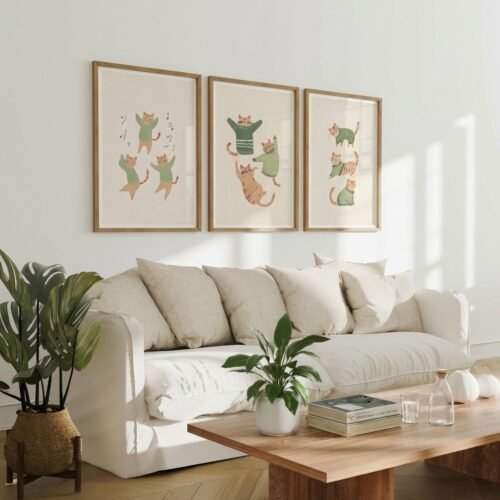 Set of 3 - Dancing Trio - Cute Dancing Cat Illustration Set