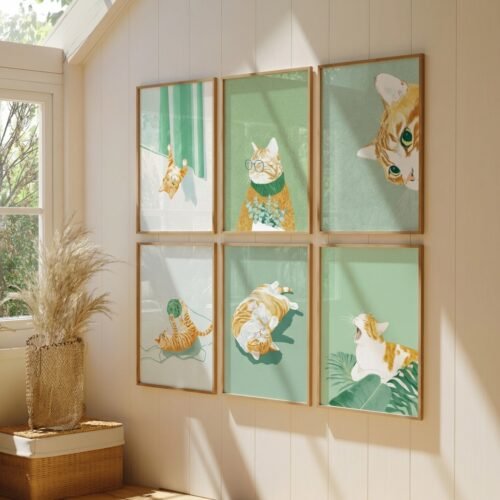 Set of 6 - Ginger & Matcha The Complete Set - Sage Green Animal Illustration Set