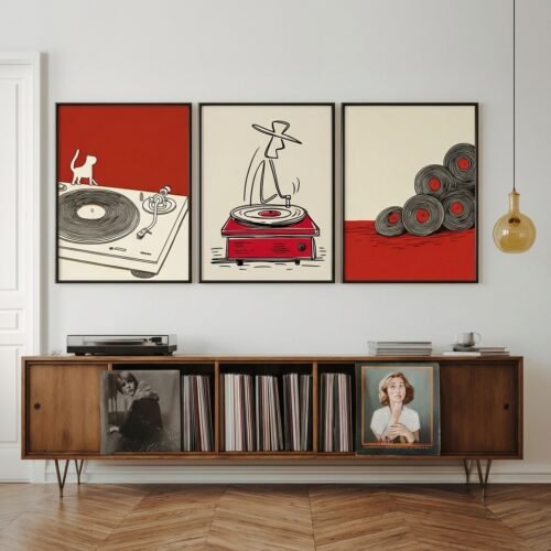 Set of 3 - The Red Groove - Retro Red and Black Vinyl Art Set