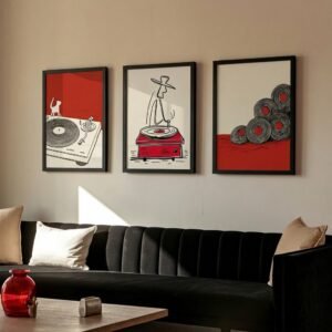 Set of 3 - The Red Groove - Retro Red and Black Vinyl Art Set
