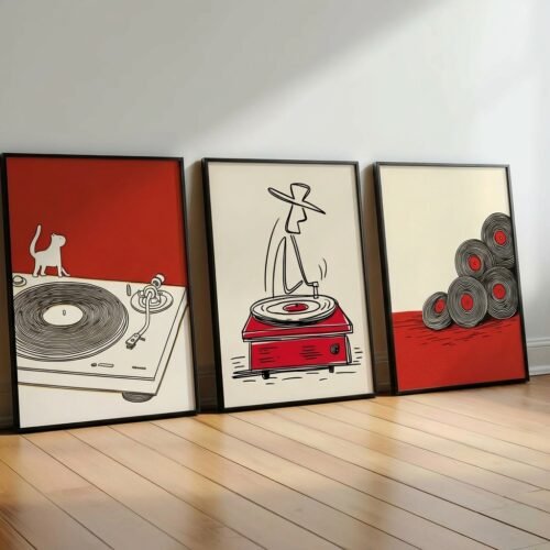 Set of 3 - The Red Groove - Retro Red and Black Vinyl Art Set