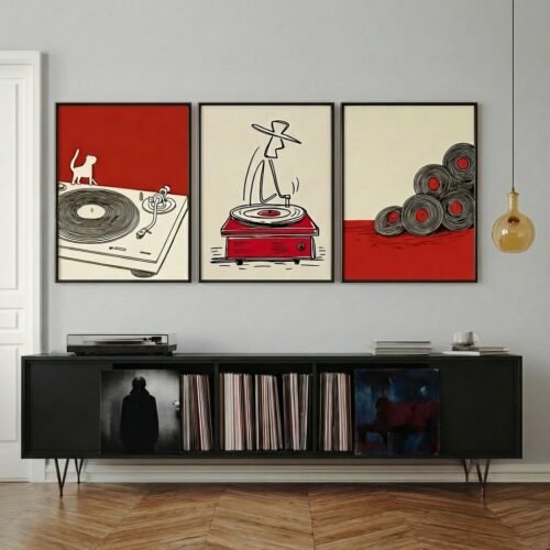 Set of 3 - The Red Groove - Retro Red and Black Vinyl Art Set