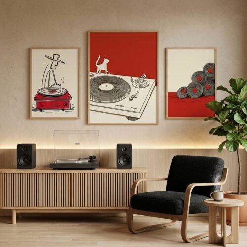 Set of 3 - The Red Groove - Retro Red and Black Vinyl Art Set