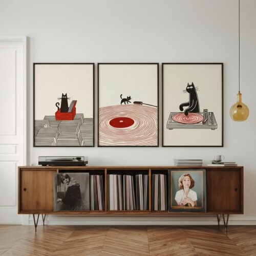 Set of 3 - Funny DJ Cat Minimalist Line Art