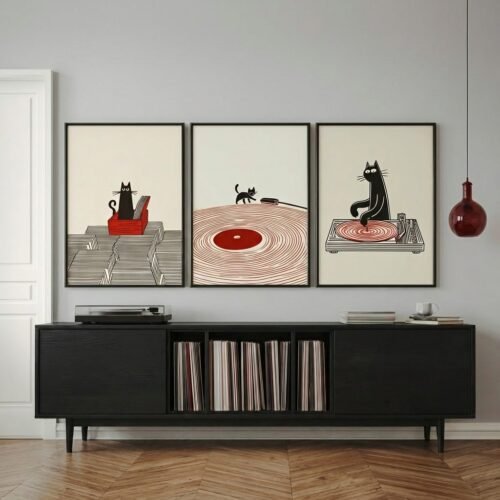 Set of 3 - Funny DJ Cat Minimalist Line Art