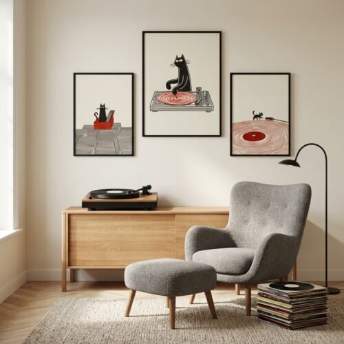 Set of 3 - Funny DJ Cat Minimalist Line Art