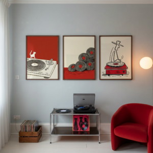 Red vinyl - Set of 3 - The Red Groove - Retro Red and Black Vinyl Art _1 Set of 3 - The Red Groove - Retro Red and Black Vinyl Art Set