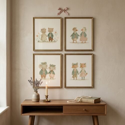 WF - Set of 4 - Forest Besties - Watercolor Animal Couple Wall Art Set_1 Set of 4 - Forest Besties - Watercolor Animal Couple Wall Art Set