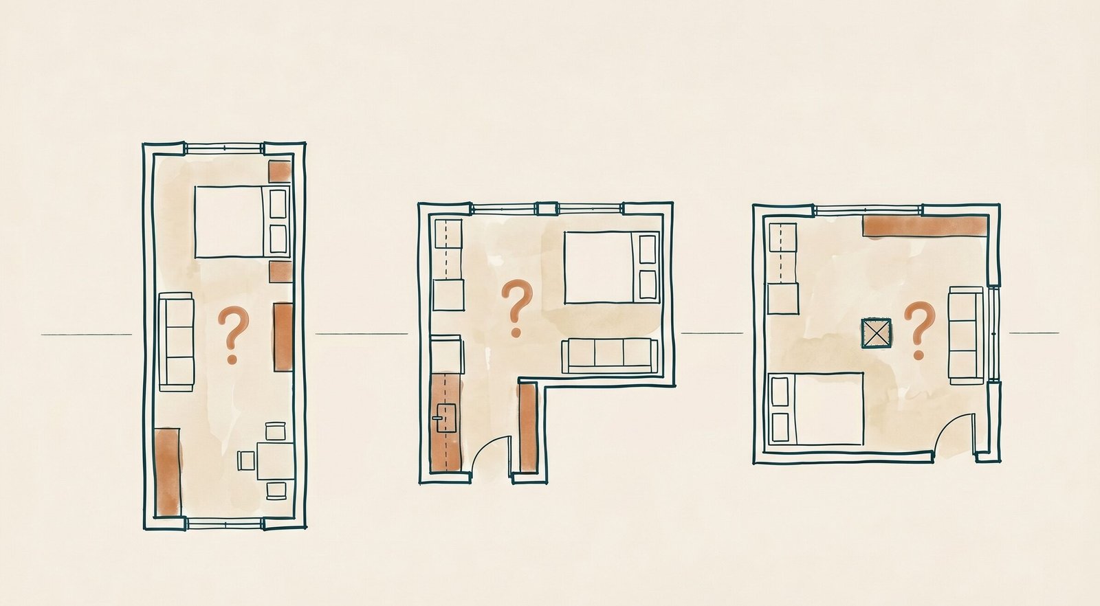 Three hand-drawn studio apartment floor plans side by side showing the awkward shapes the standard layout playbook can't solve: a long narrow railroad studio, an L-shaped studio, and a studio with a structural column near the middle of the room.