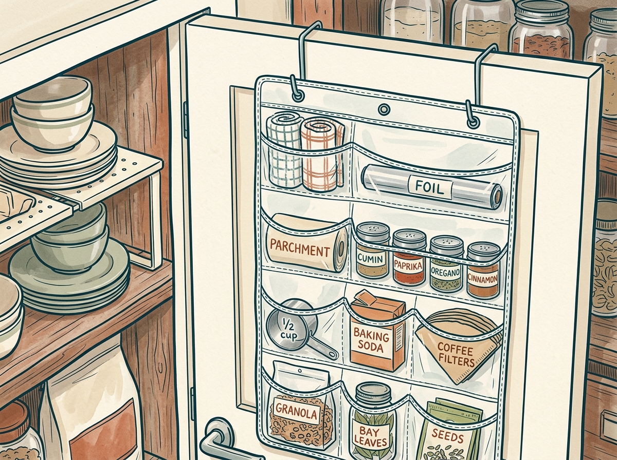 A close-up overhead view of an open pantry door from the inside, showing a clear-pocket over-the-door organizer