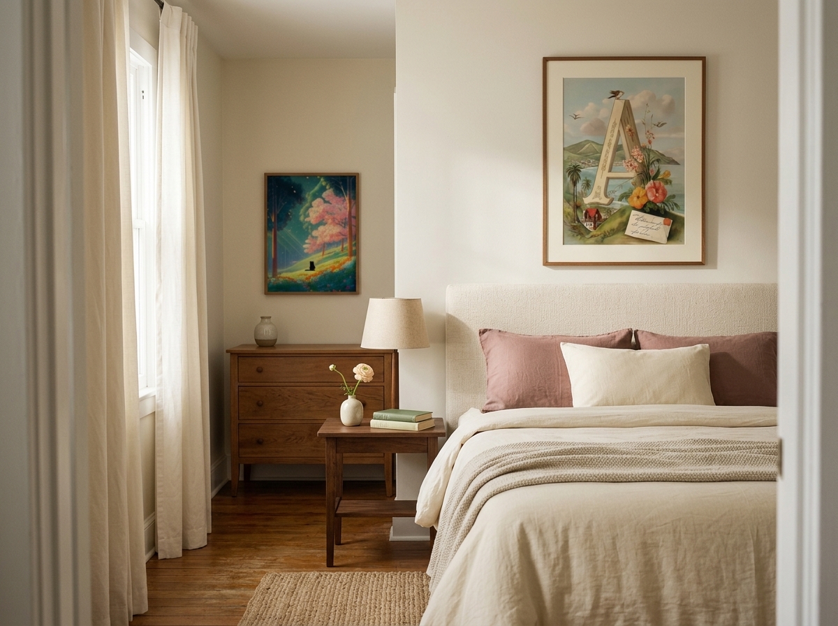 A renter's cottagecore bedroom mockup pairing a Vintage Garden Letters botanical monogram above the bed with a Black Cat in the Woods print on the opposite wall — both from the alexneohome.com digital wall art catalog