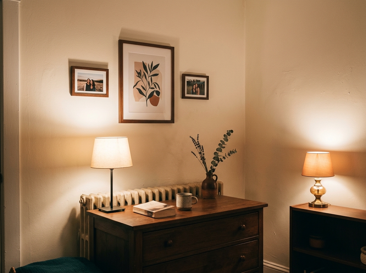 Same rental bedroom corner thirty days after the AI diagnostic — dresser still at its original angle, but a taller framed print now breaks the previous horizontal stripe of three same-width frames, and a second warm-toned table lamp casts a softer second pool of light