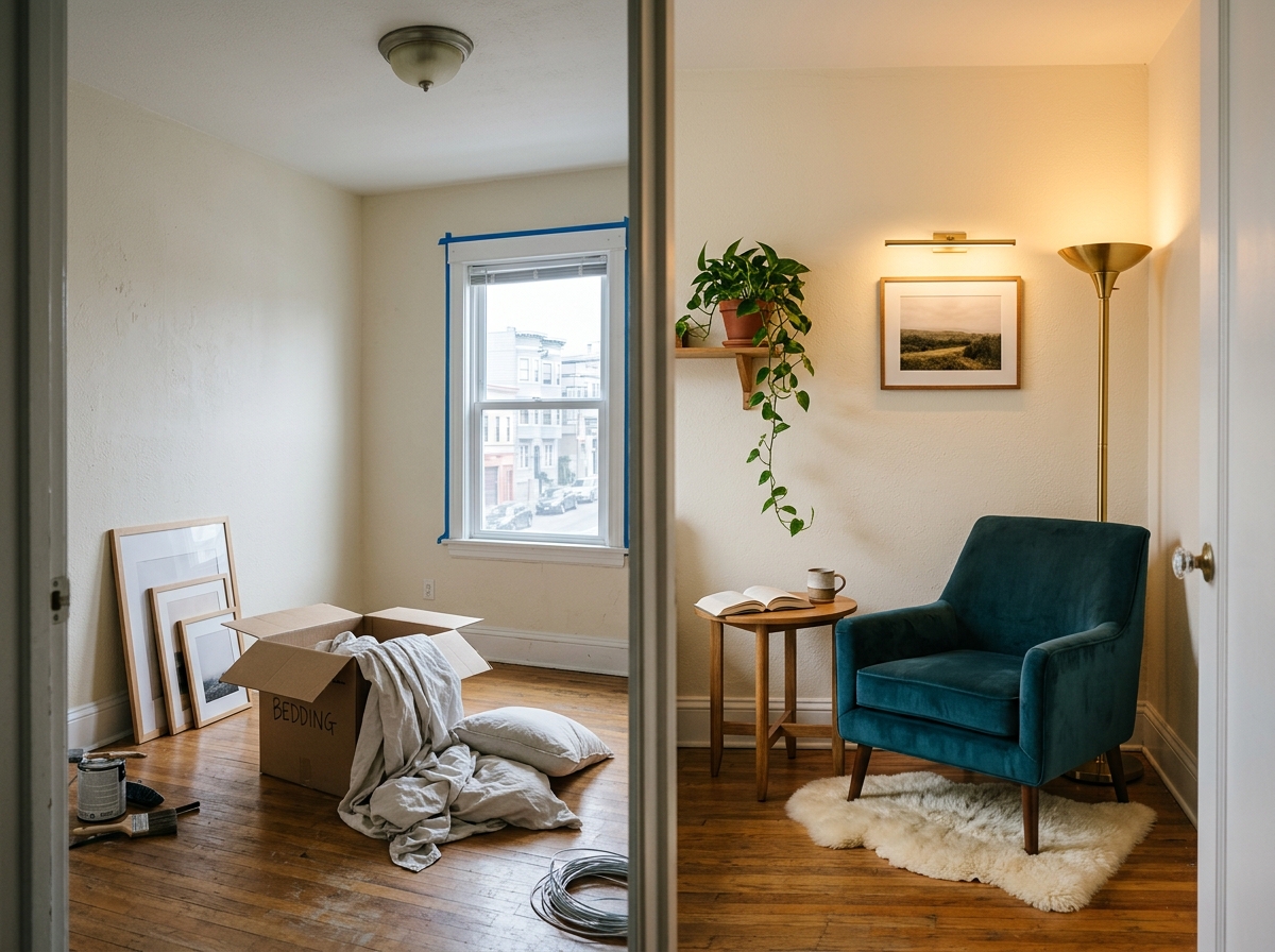 A small rental bedroom in progress with bare walls on the left, contrasting with a fully finished, warmly lit reading corner on the right.
