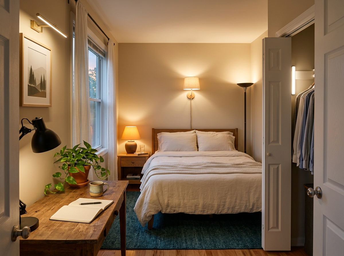 A small rental bedroom at evening shot from the doorway, the assembled no-rewire kit visible in use