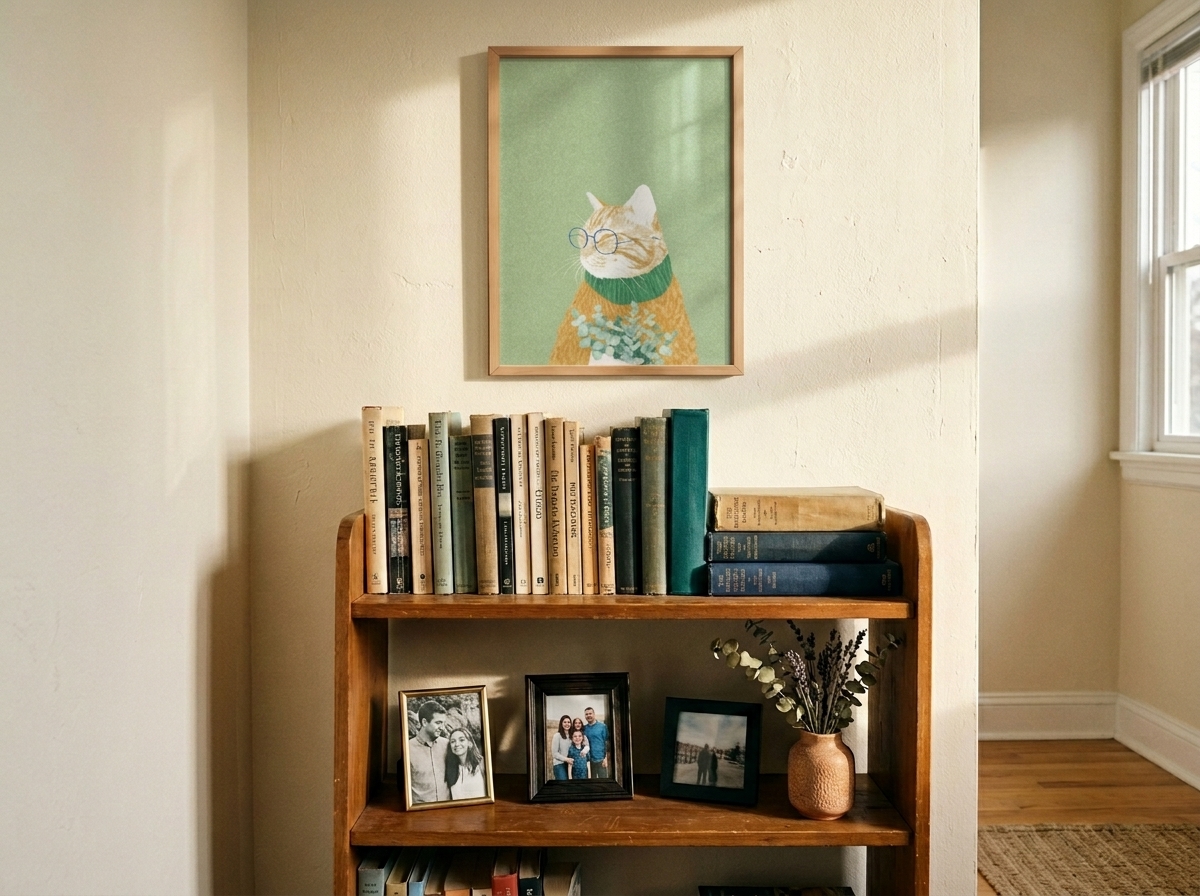 A personal rental corner — bookshelf with framed photos, a ceramic vase, and a framed print above showing identity, not just decor