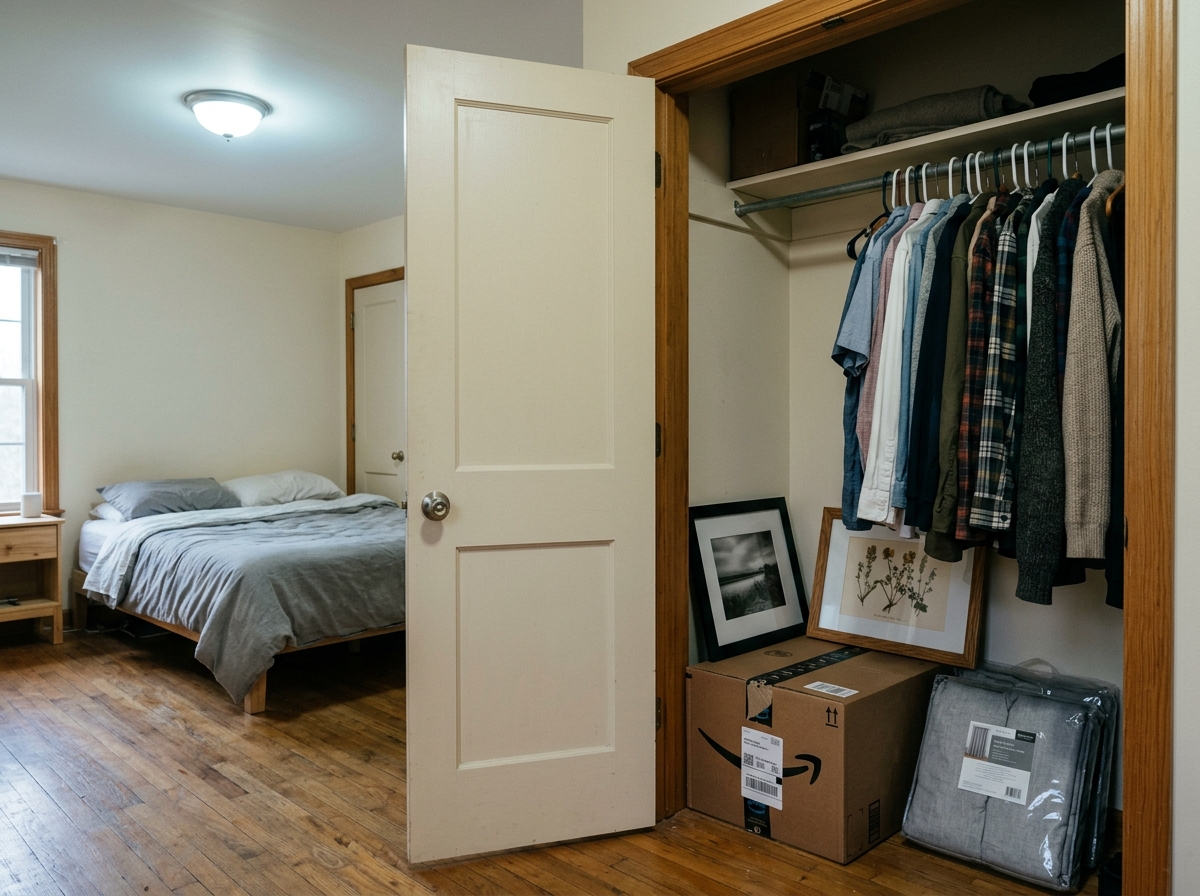 A rental bedroom closet with the door slightly ajar, showing framed photographs, a sealed Amazon box, and folded curtains left unused.