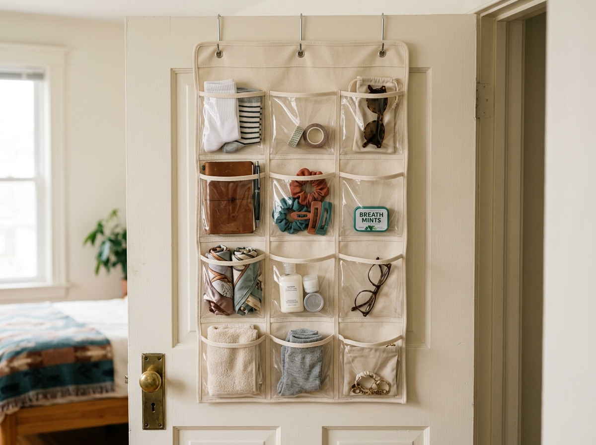 A fabric over-the-door organizer with twelve clear pockets hanging on the back of a bedroom door