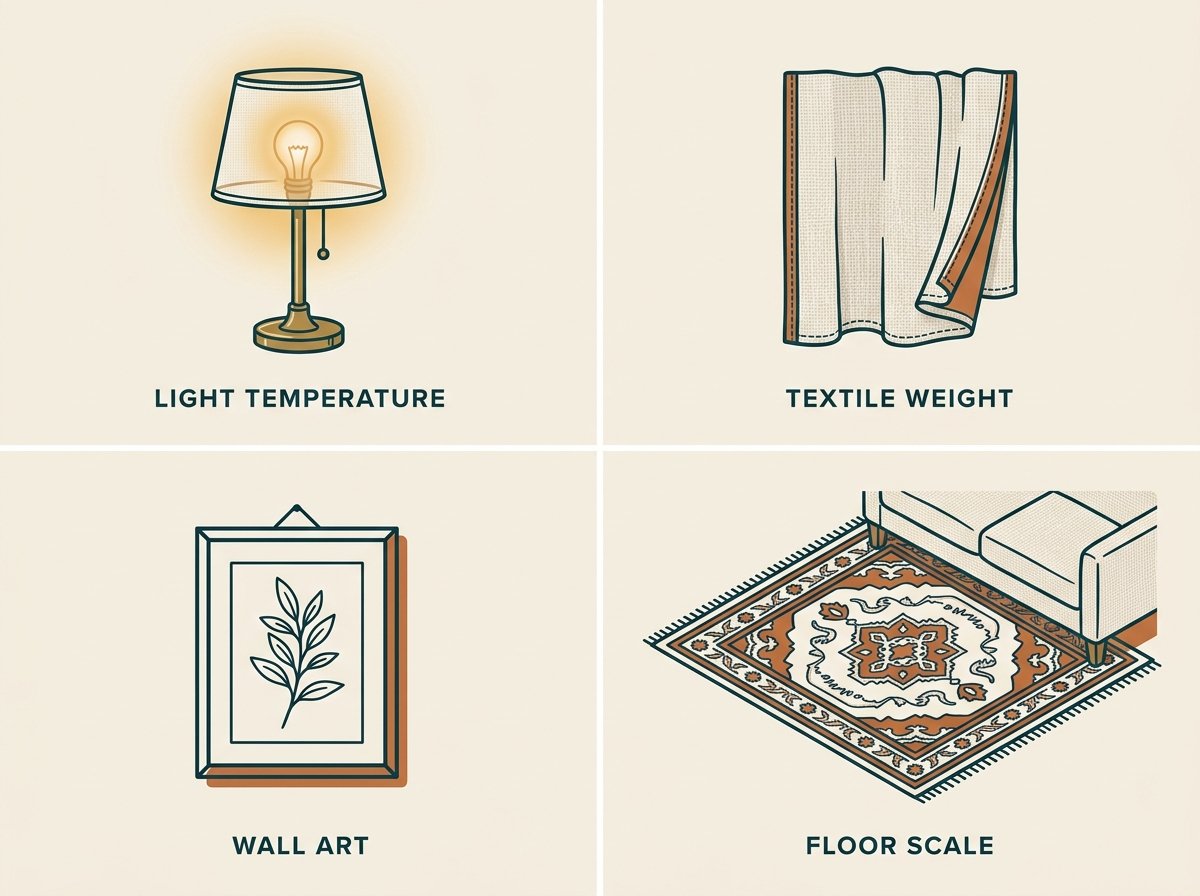 Four reversible aesthetic levers in a rental: light temperature, textile weight, wall art, floor scale