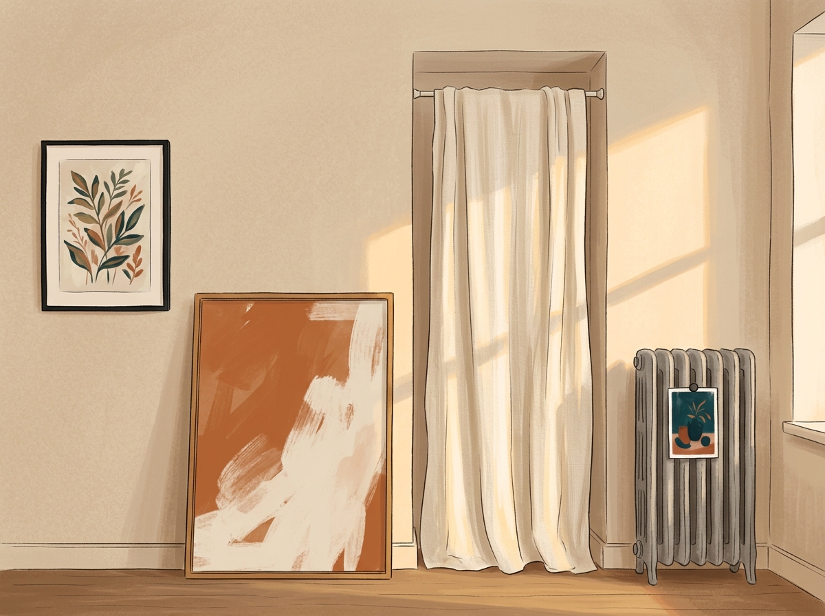 Wall display showing wire grid panel, framed prints, and other mounting methods