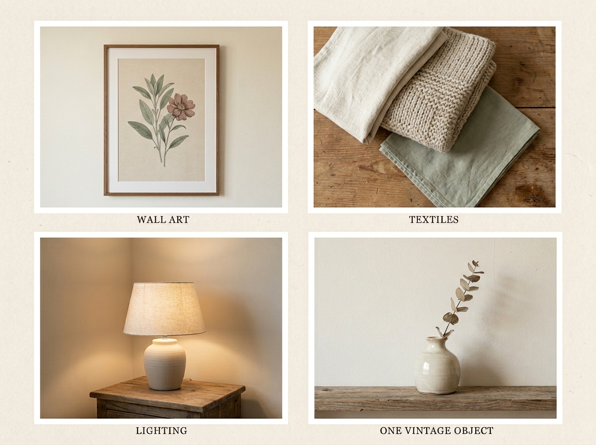 The four renter-safe levers of a cottagecore bedroom — wall art, textiles, lighting, and one vintage-feel object — shown as a quick visual cheat sheet