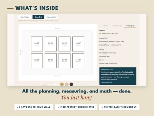 Screenshot AI gallery wall planner with three layouts, hanging math, and shopping list