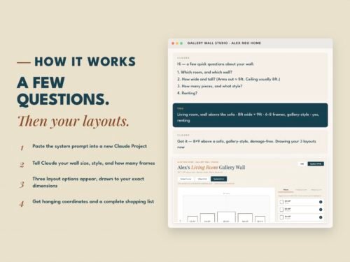 Screenshot How the Gallery Wall Studio works — answer a few questions, get three wall layouts