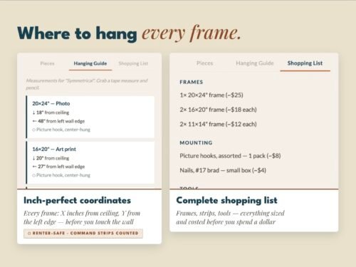 Screenshot Hanging coordinates and renter-friendly mounting list for every frame