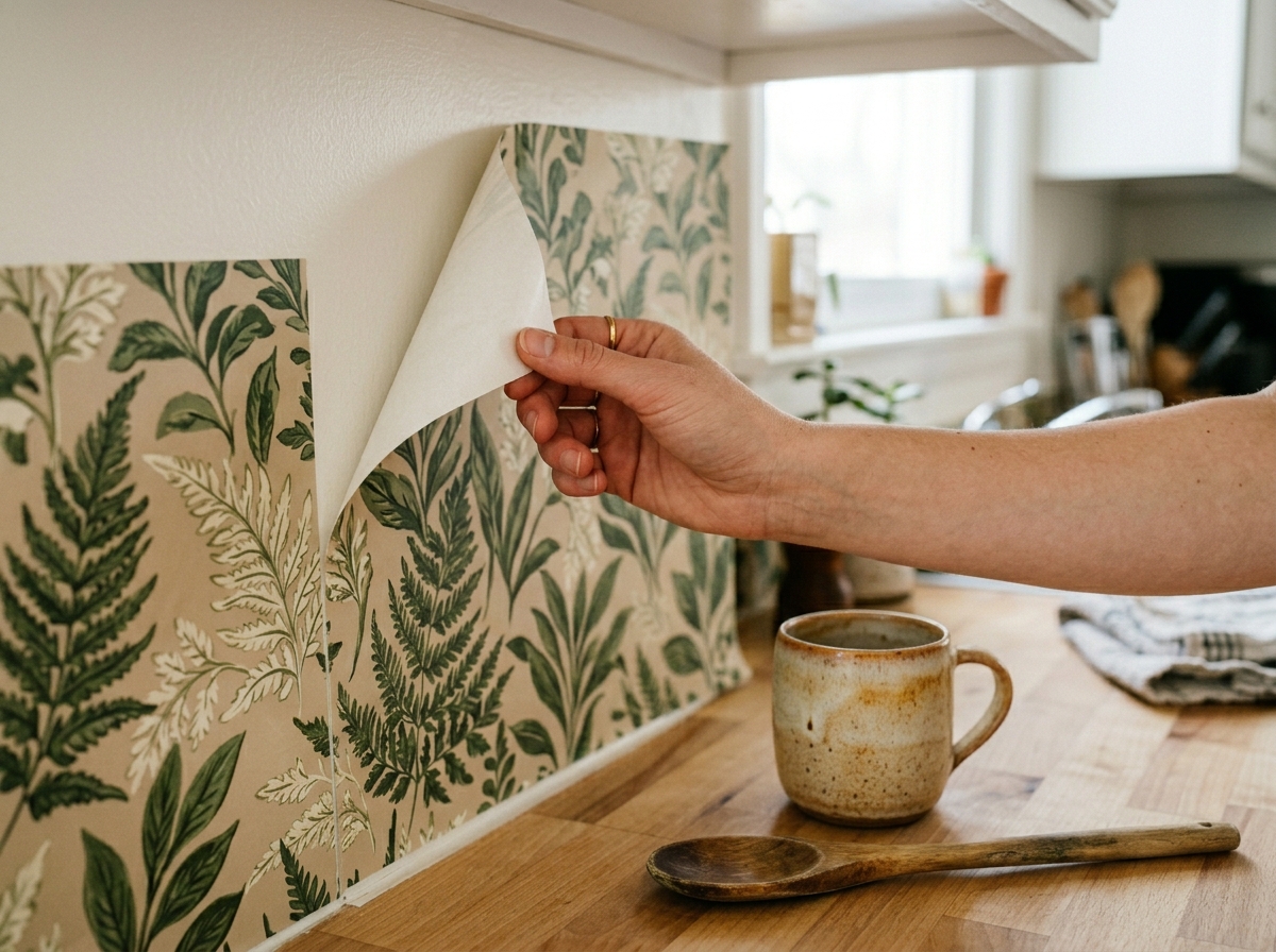 A renter's hand peels back the top corner of a botanical-pattern peel-and-stick wallpaper from a rental kitchen backsplash, the wallpaper coming away cleanly with no residue on the wall underneath
