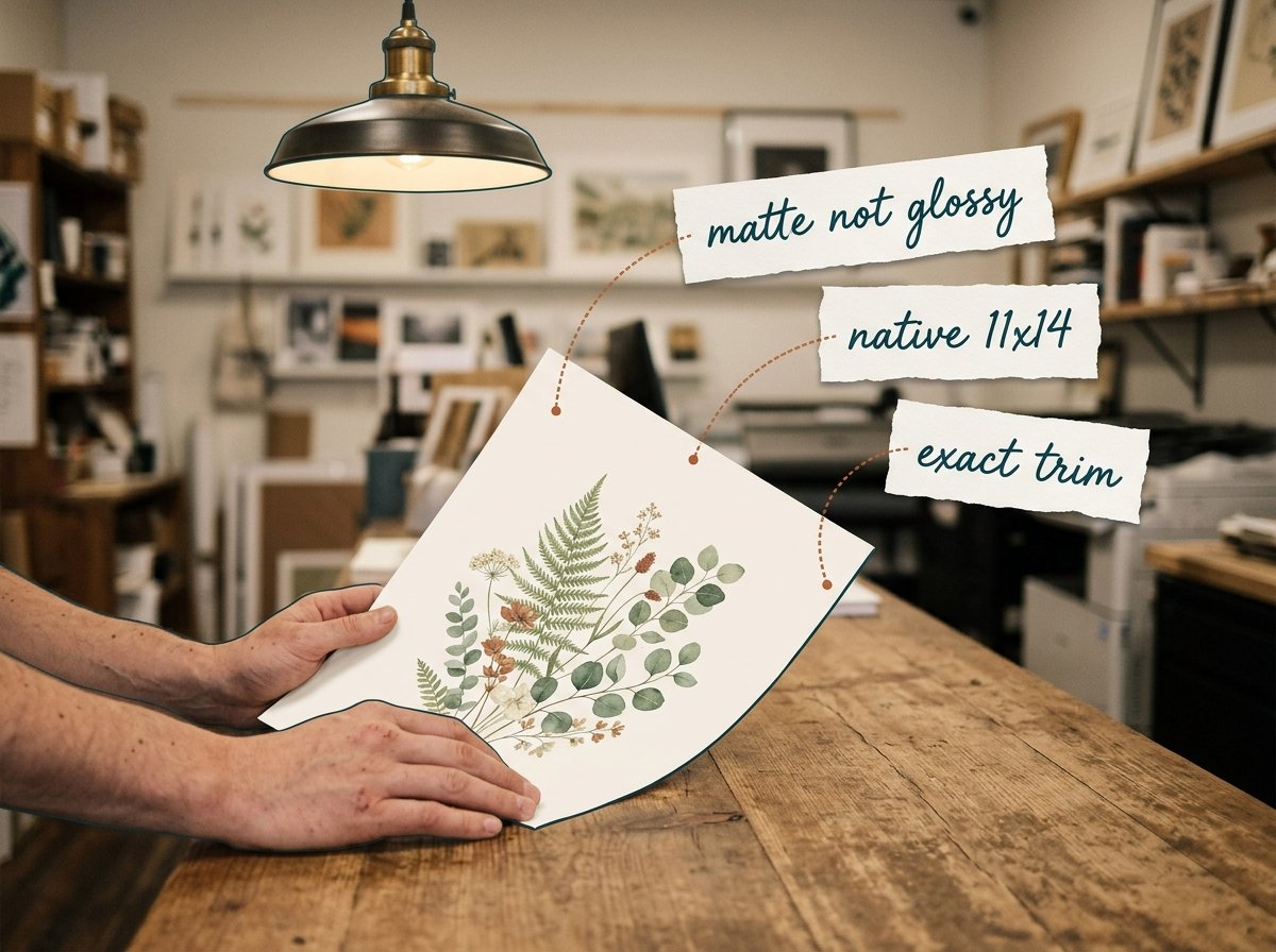 Hands holding a mass-produced botanical print