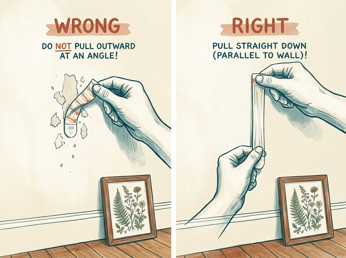 Side-by-side illustration showing the wrong way (pulling outward) and right way (pulling straight down) to remove a Command picture-hanging strip from a cream-painted rental wall
