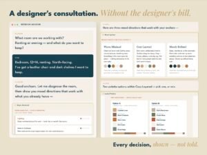 AI interior designer consultation across 4 phases — diagnosis, mood, palette, action kit