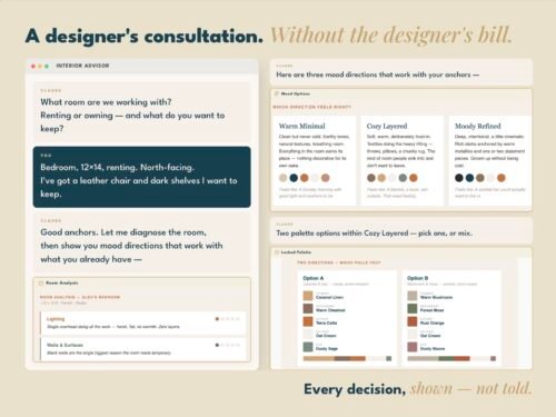 AI interior designer consultation across 4 phases — diagnosis, mood, palette, action kit