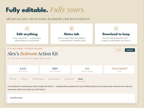 Editable downloadable action kit with versioned saves for your full-room design