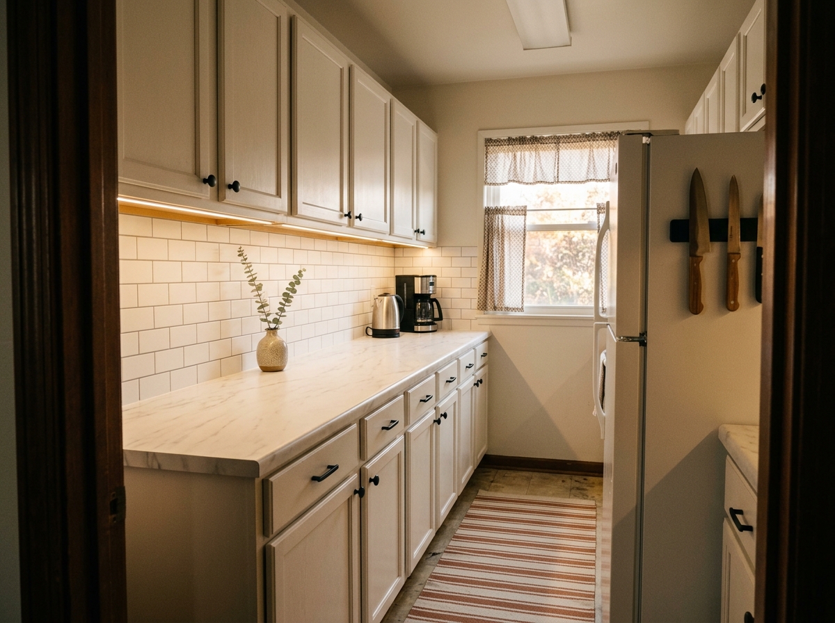 Same rental kitchen after the ten removable upgrades — peel-stick subway tile backsplash installed behind the counter, matte black cabinet hardware, warm under-cabinet LED glow, washable cream-and-terra-cotta striped runner over the floor, magnetic knife strip on the side of the fridge