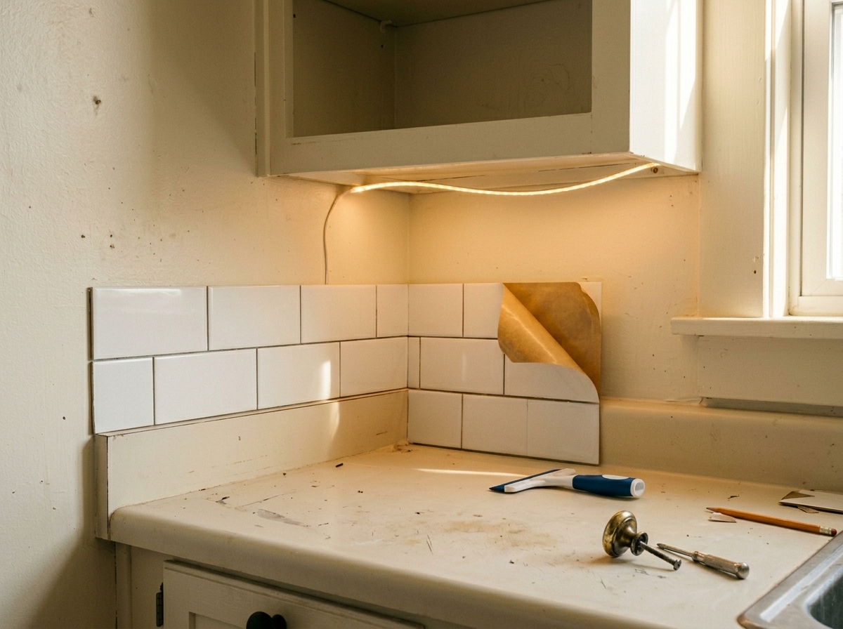 Close-up of a rental kitchen counter mid-upgrade — half-installed white peel-and-stick subway tile backsplash, a matte black cabinet knob being swapped for an old worn brass one, and a warm-white plug-in LED strip glowing under the upper cabinet