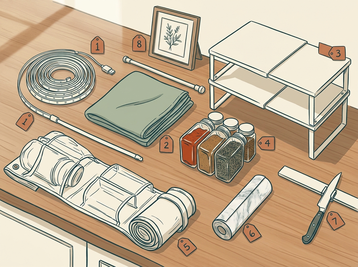 A flat-lay overhead shot on a warm wood surface showing the small renter kitchen toolkit laid out neatly