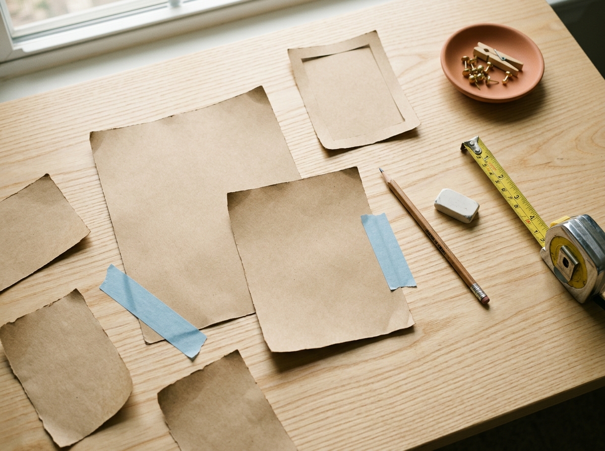 Kraft paper rectangles cut to frame sizes with painter's tape, a pencil, and a tape measure on a warm wooden surface