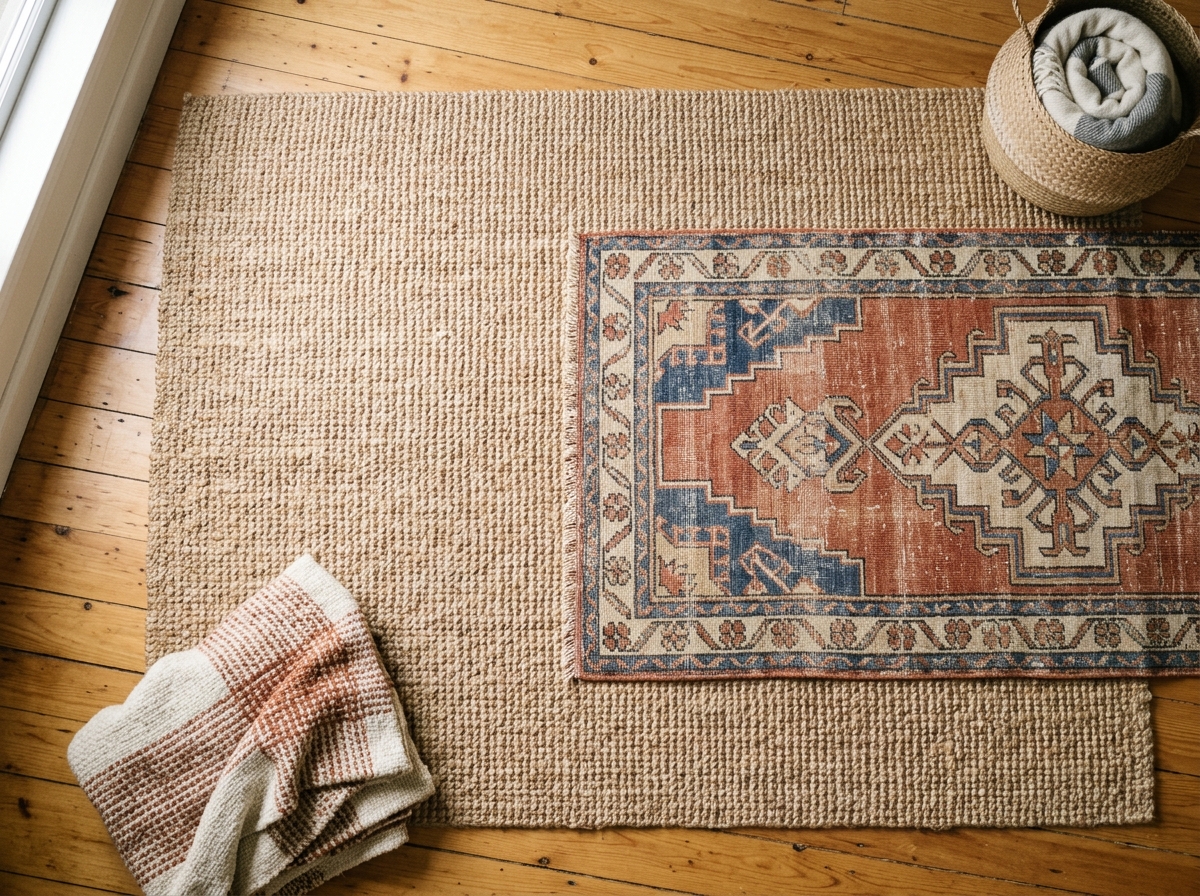 Overhead flat-lay of a layered rug setup on a wood floor — natural jute base rug with a smaller patterned kilim runner offset toward the seating side, a folded woven throw at the corner.