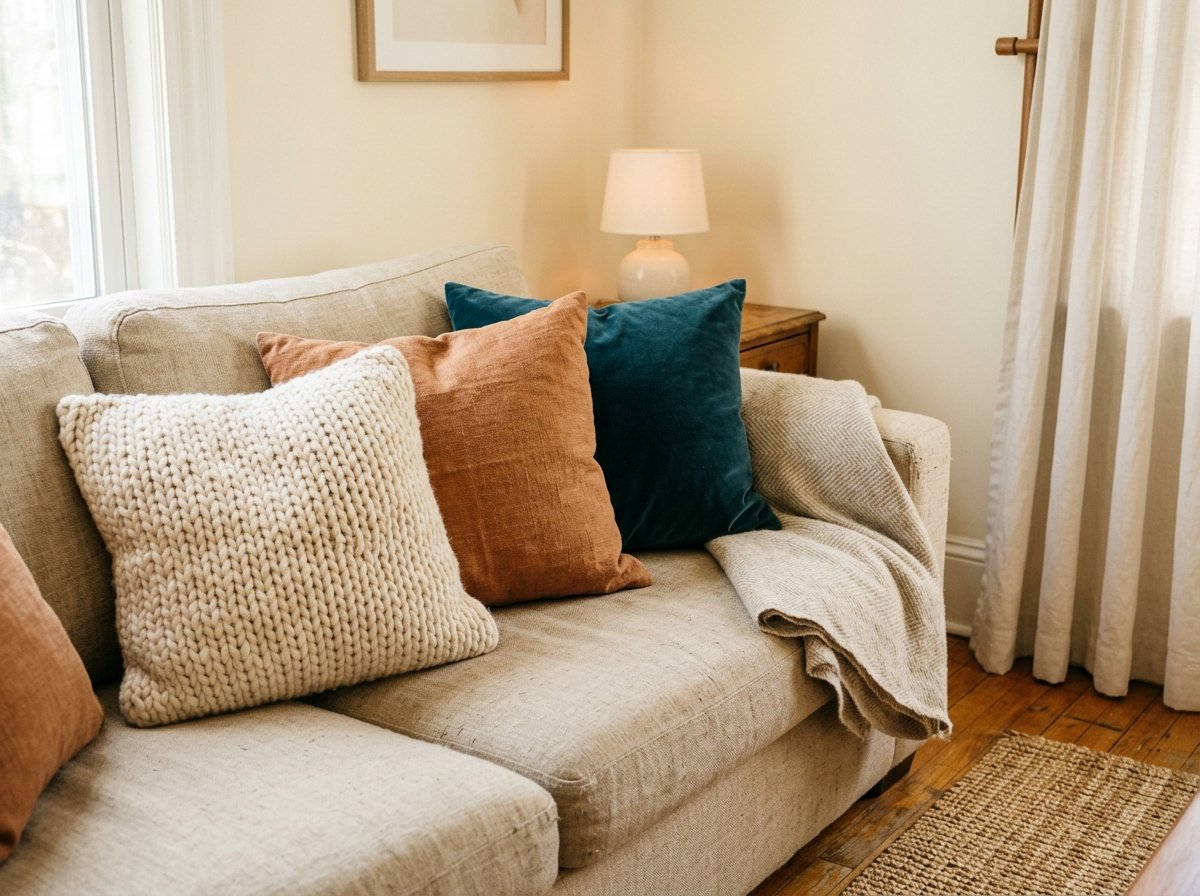 Close-up of layered textiles on a rented sofa — mixed-texture throw pillows, a wool throw blanket folded over the arm, jute rug edge, and linen curtain edge in warm afternoon light