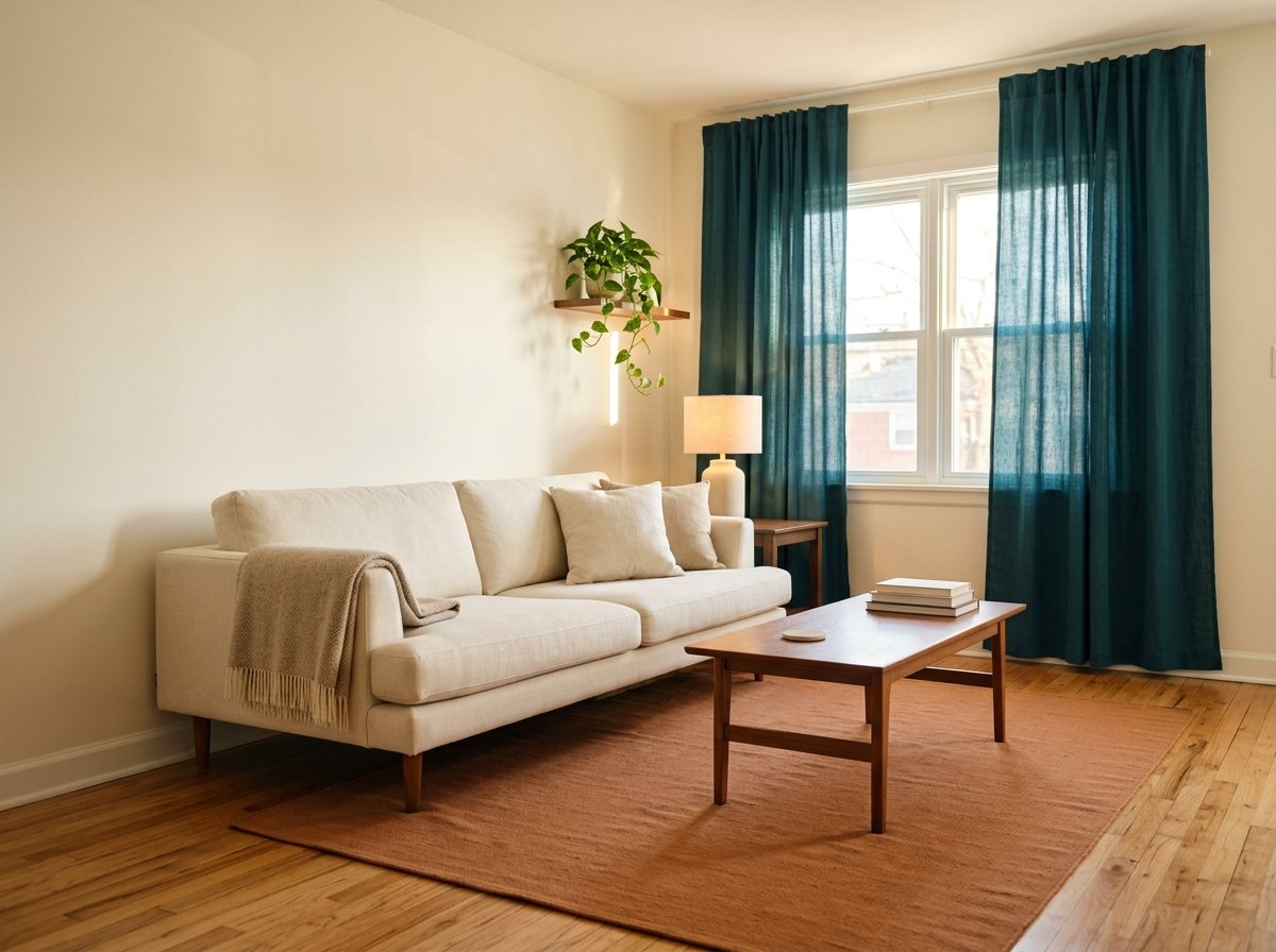 The same first-apartment living room now in Stage 2 mood, a low cream-colored sofa pulled in, a soft terracotta-toned rug grounding the seating area.