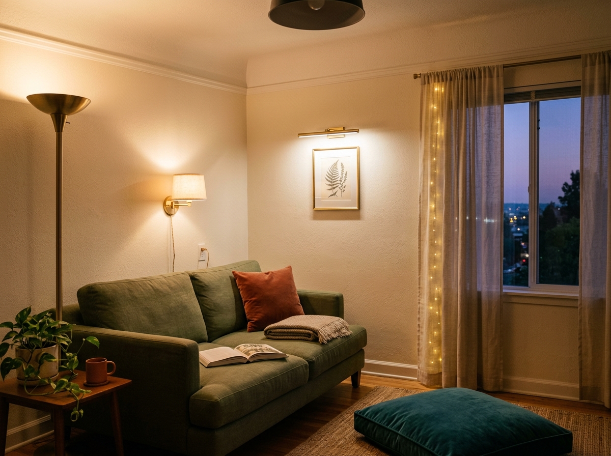 A small rental living room corner at twilight, all three lighting layers working at once