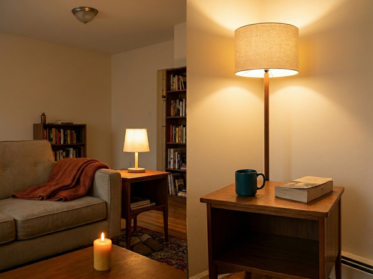 Rented living-room corner lit by a floor lamp, a table lamp, and a candle in warm 2700K tones with the ceiling fixture off