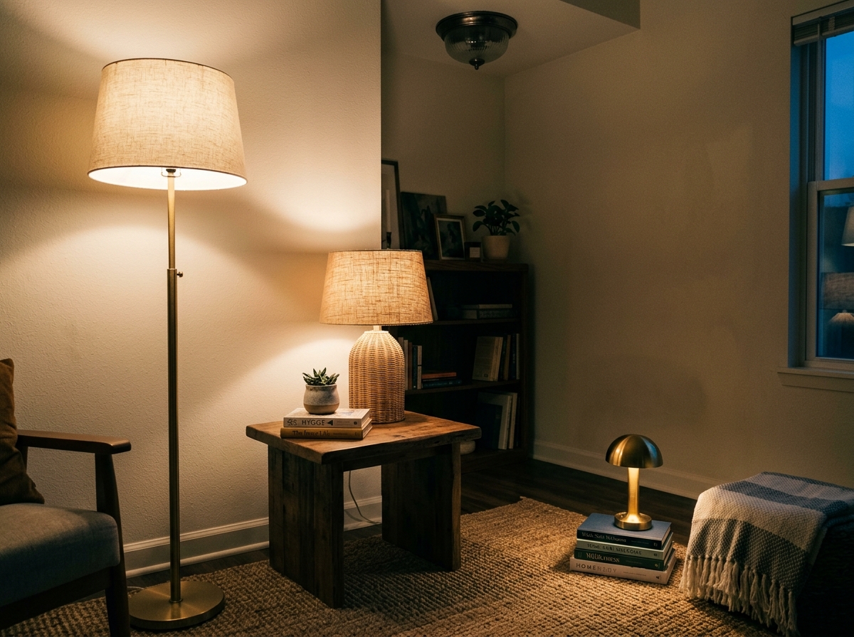 Renter living room corner lit by three lamps at three different heights — floor lamp, table lamp, low brass lamp — with the overhead fixture off and walls in warm shadow.