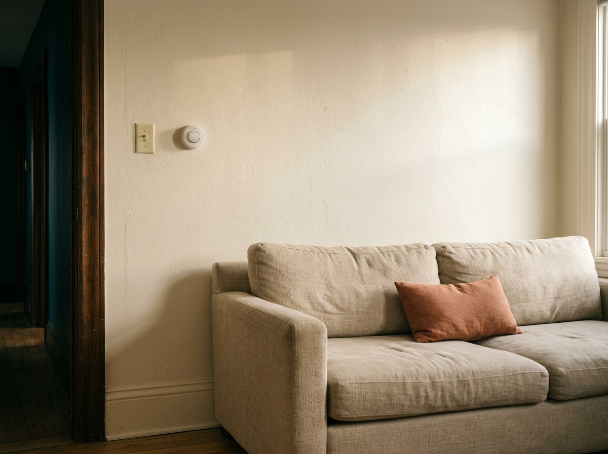 Rental living room corner — sofa against a cream wall with a light switch and thermostat interrupting the gallery wall space