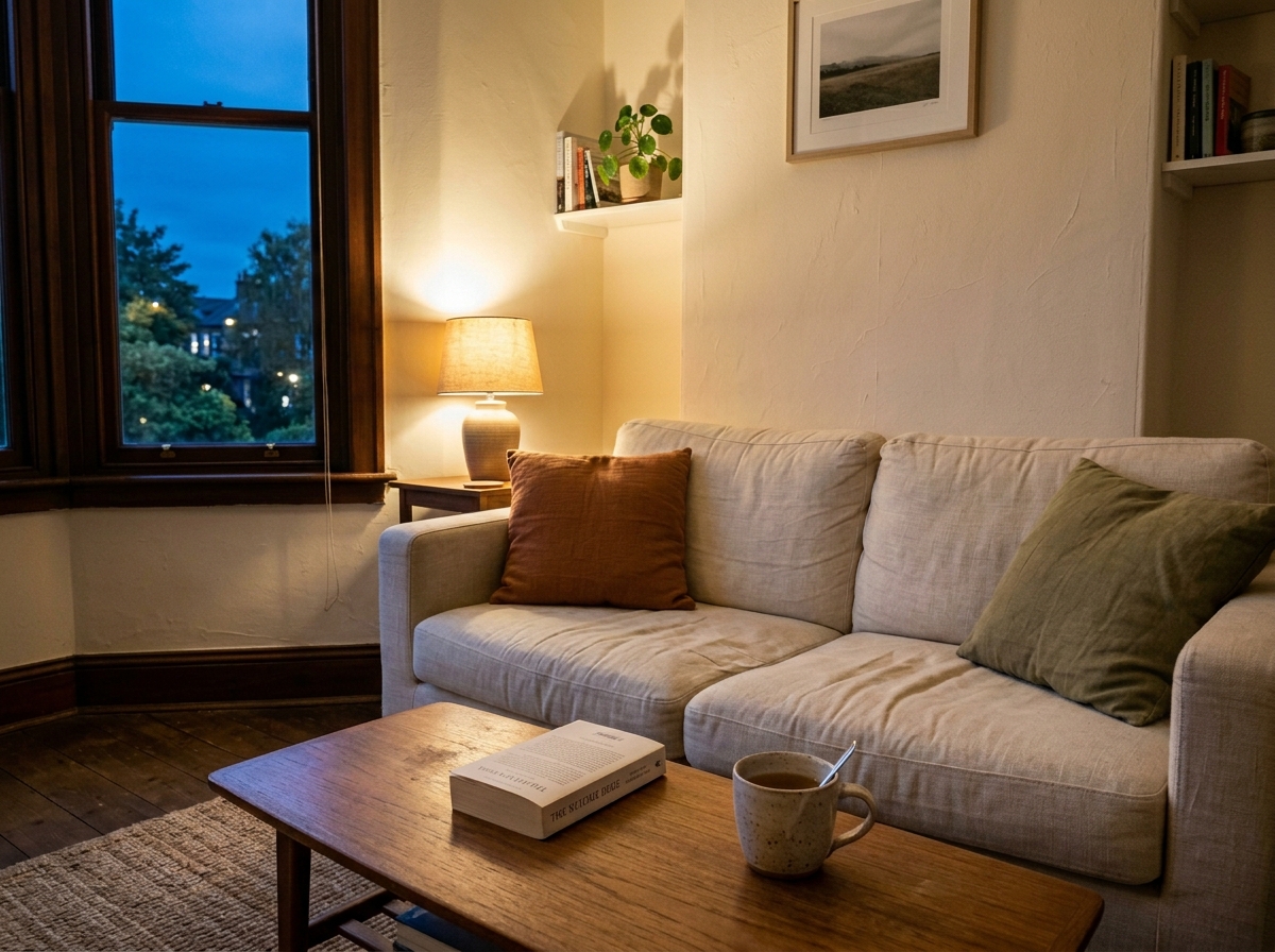 A quiet rental living room at dusk, warm lamp glow, cream sofa, open book and ceramic mug on the coffee table