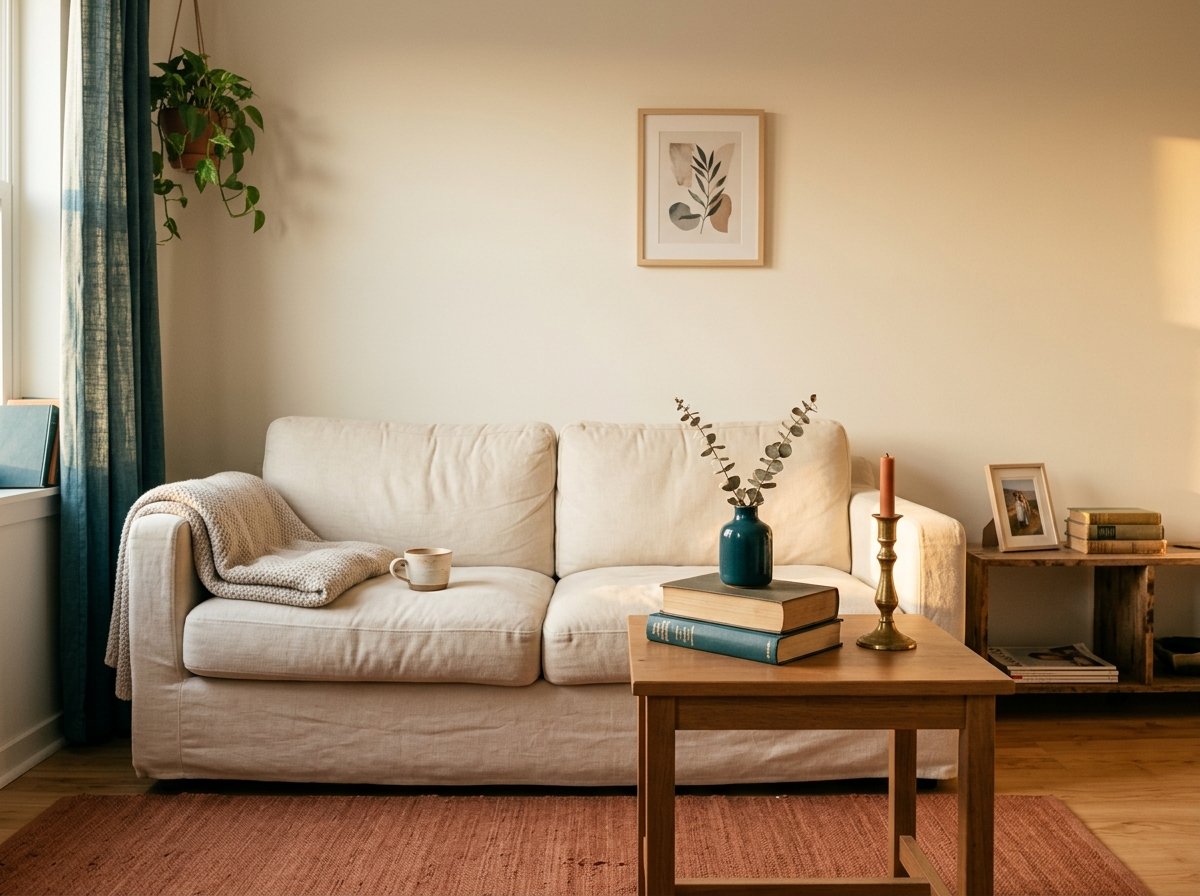 The same living room in Stage 3, fully lived in, a small framed print on the wall above the sofa, a few hardcover books, and brass accents.