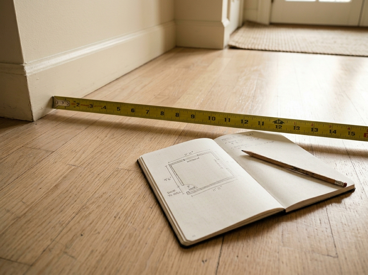 A retractable measuring tape stretched across a hardwood floor next to a notebook with a partial room sketch