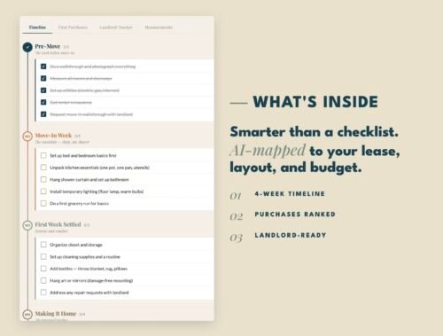 AI-mapped move-in dashboard with timeline, purchases, and landlord tracker