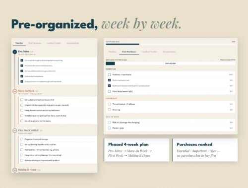 4-week phased move-in timeline organized week by week