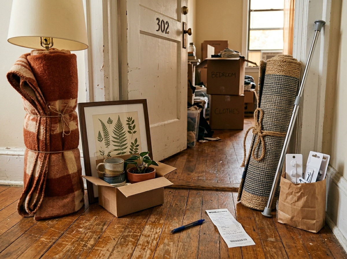 Moving-day scene at the threshold of a rental apartment in late afternoon light — two distinct groups of decor on the wood floor: the 'comes with me' pile (a warm-toned floor lamp wrapped in a wool blanket, a framed botanical print propped against the doorframe, a stack of ceramic mugs in a box) and the 'stays behind' pile (a rolled-up area rug tied with twine, a tension rod, stick-on closet hooks in a brown paper bag), with a pen and a folded receipt resting between them